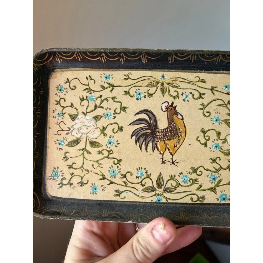 Small Rectangular Wood Serving Tray Painted Rooster Floral Country Style